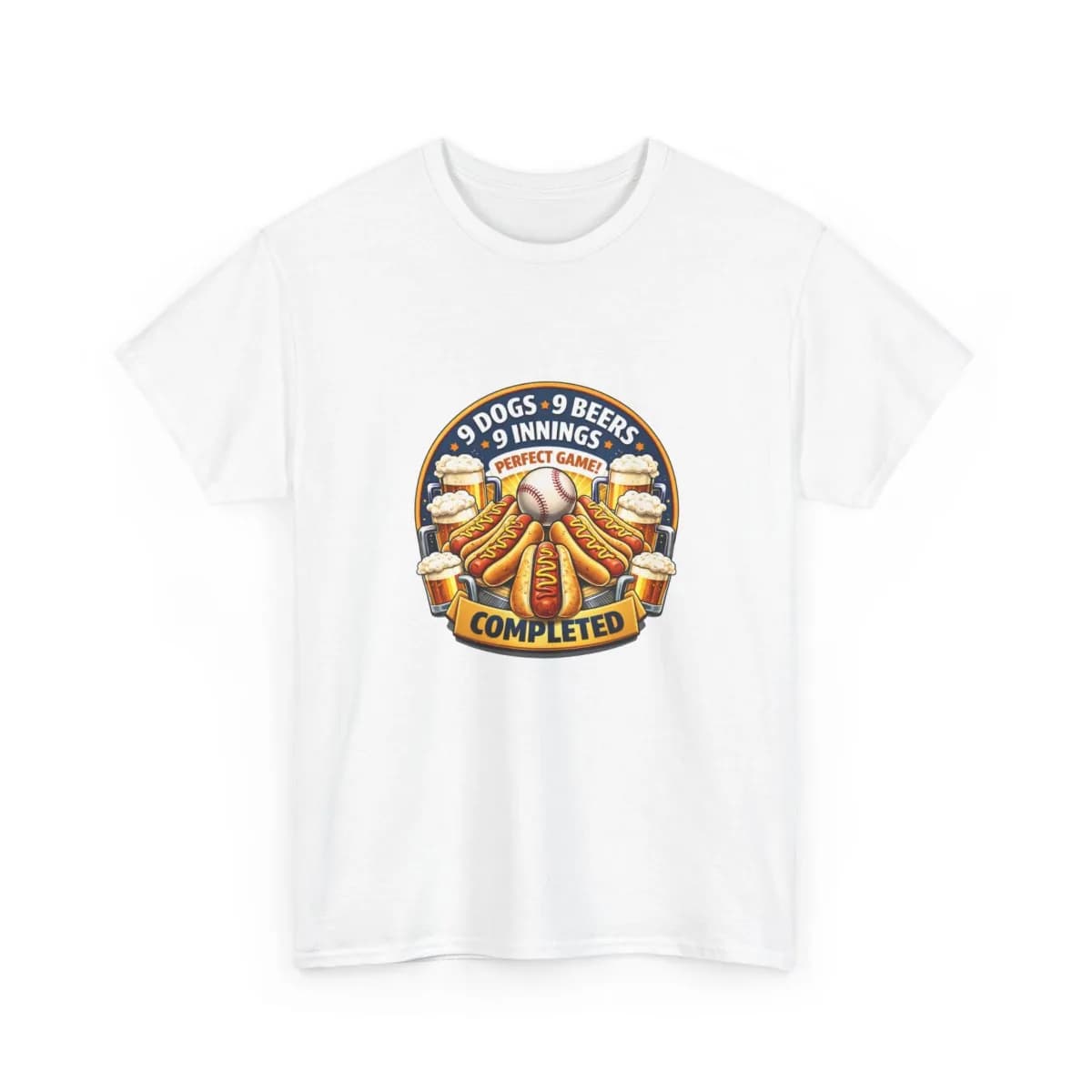 9 Dogs 9 Beers 9 Innings printed on a T-shirt