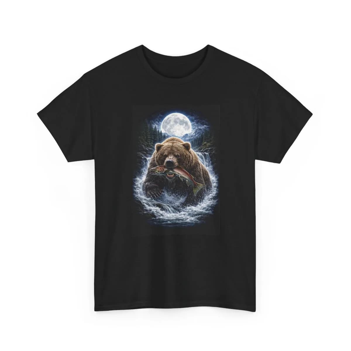 Bear catching fish printed on a T-shirt