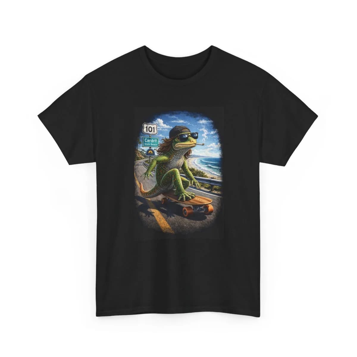 Lizard skateboarding printed on a T-shirt