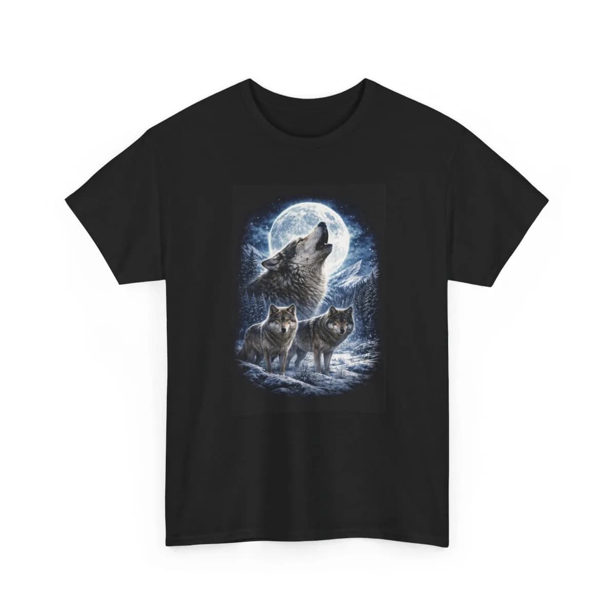 Wolves howling at moon printed on a T-shirt